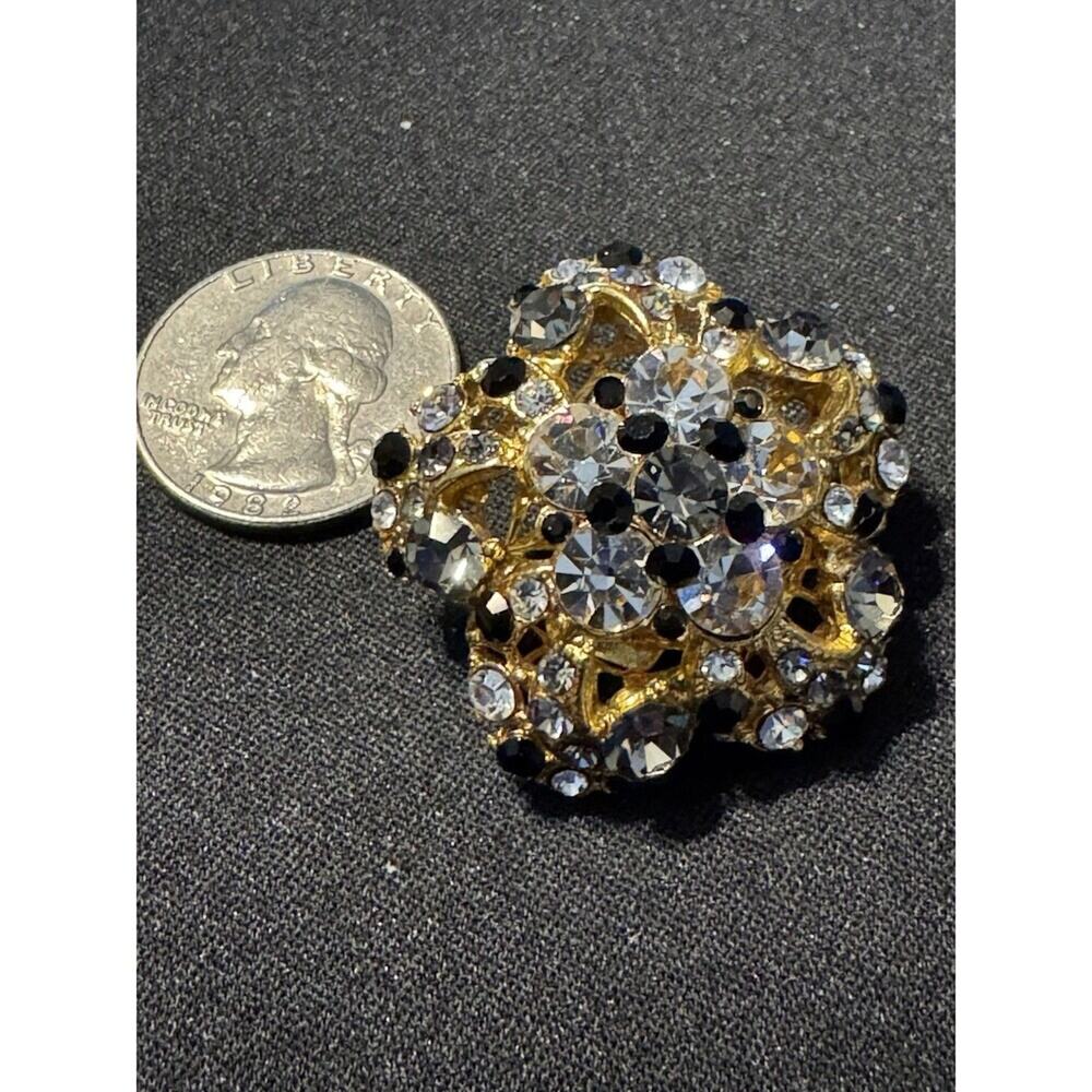 Rhinestone White/Black Ornate Gold Tone Clip On Earrings - Picture 5 of 5
